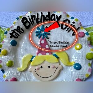 Birthday Girl Ceramic Cake Plate — Yellow, Pink & Blue with single candle holder